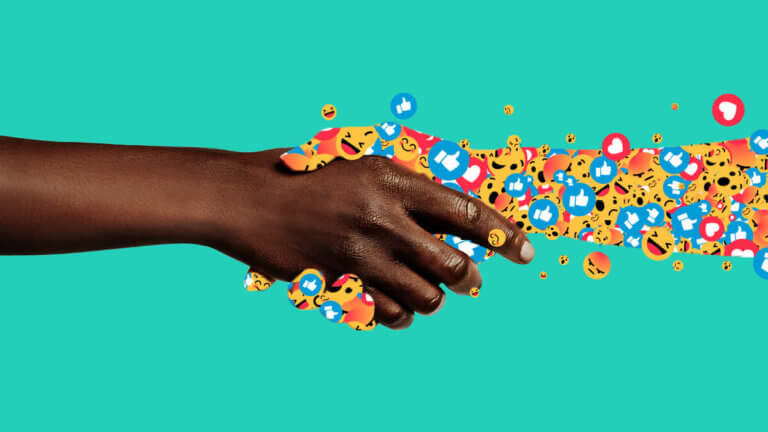 Artwork of a human hand shaking a hand made from social media reaction symbols