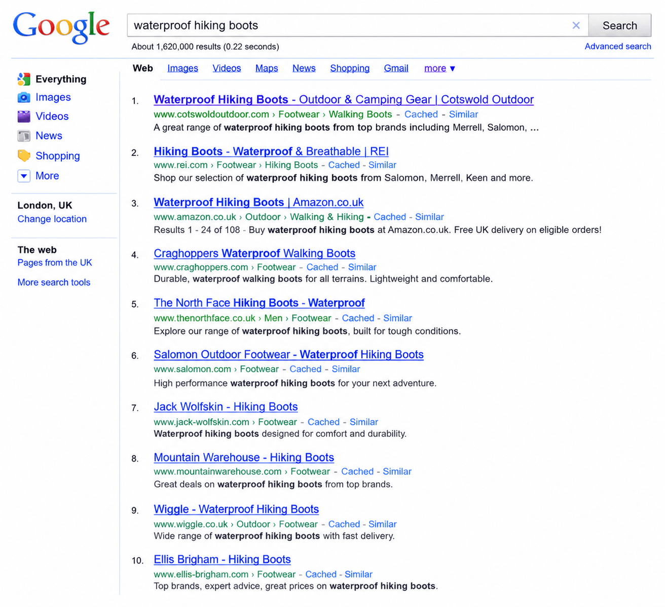 Google Search Results from 2010 - "waterproof hiking boots"